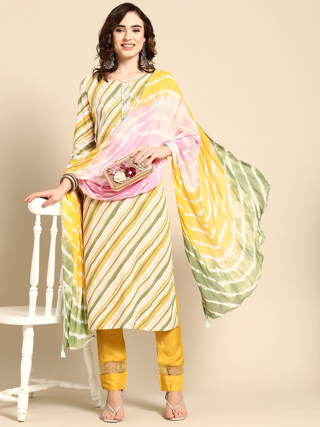 sangria women leheriya striped kurta with trousers & with dupatta