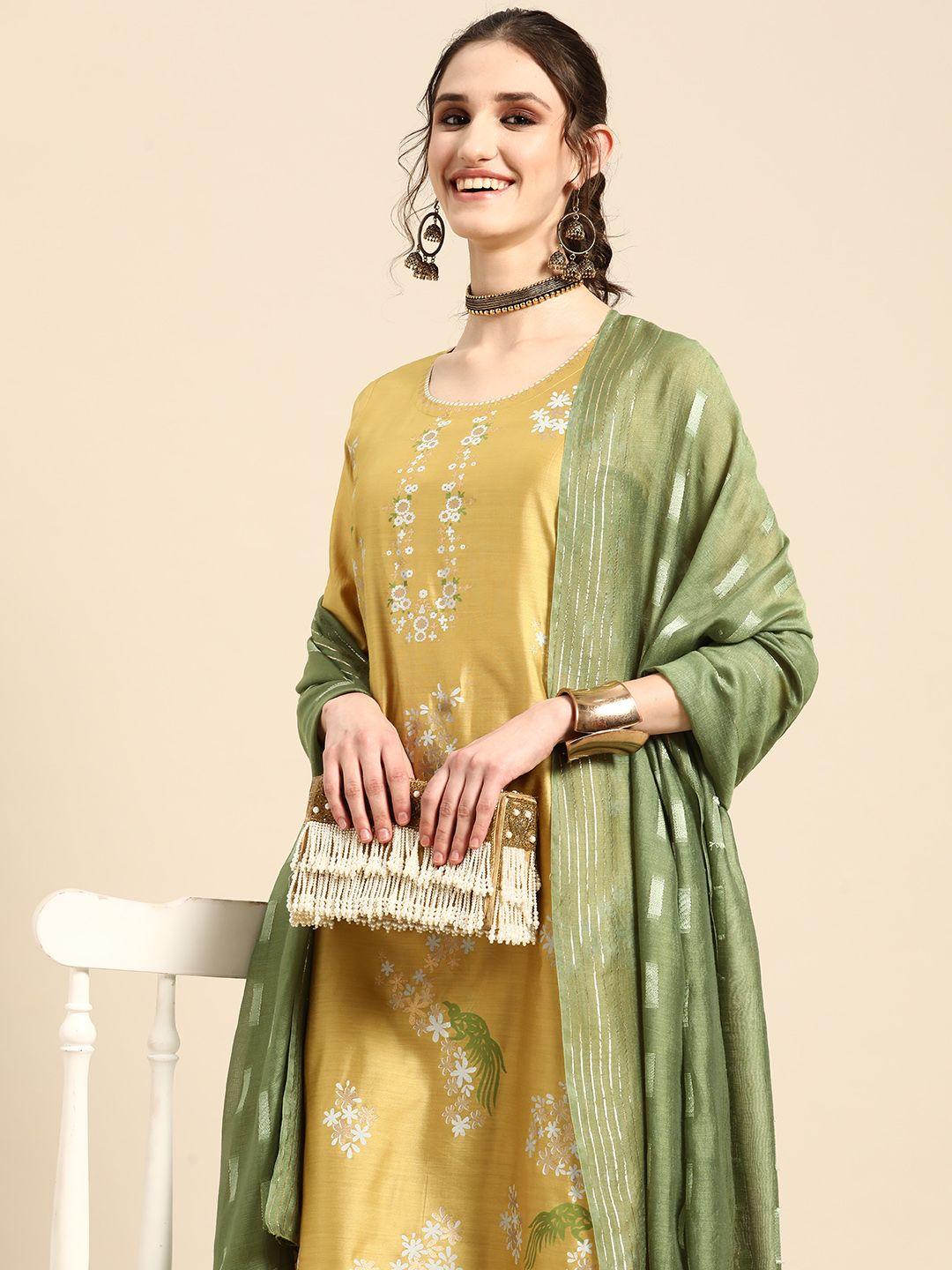 sangria women lime green ethnic motifs printed regular chanderi cotton kurta with palazzos & with dupatta