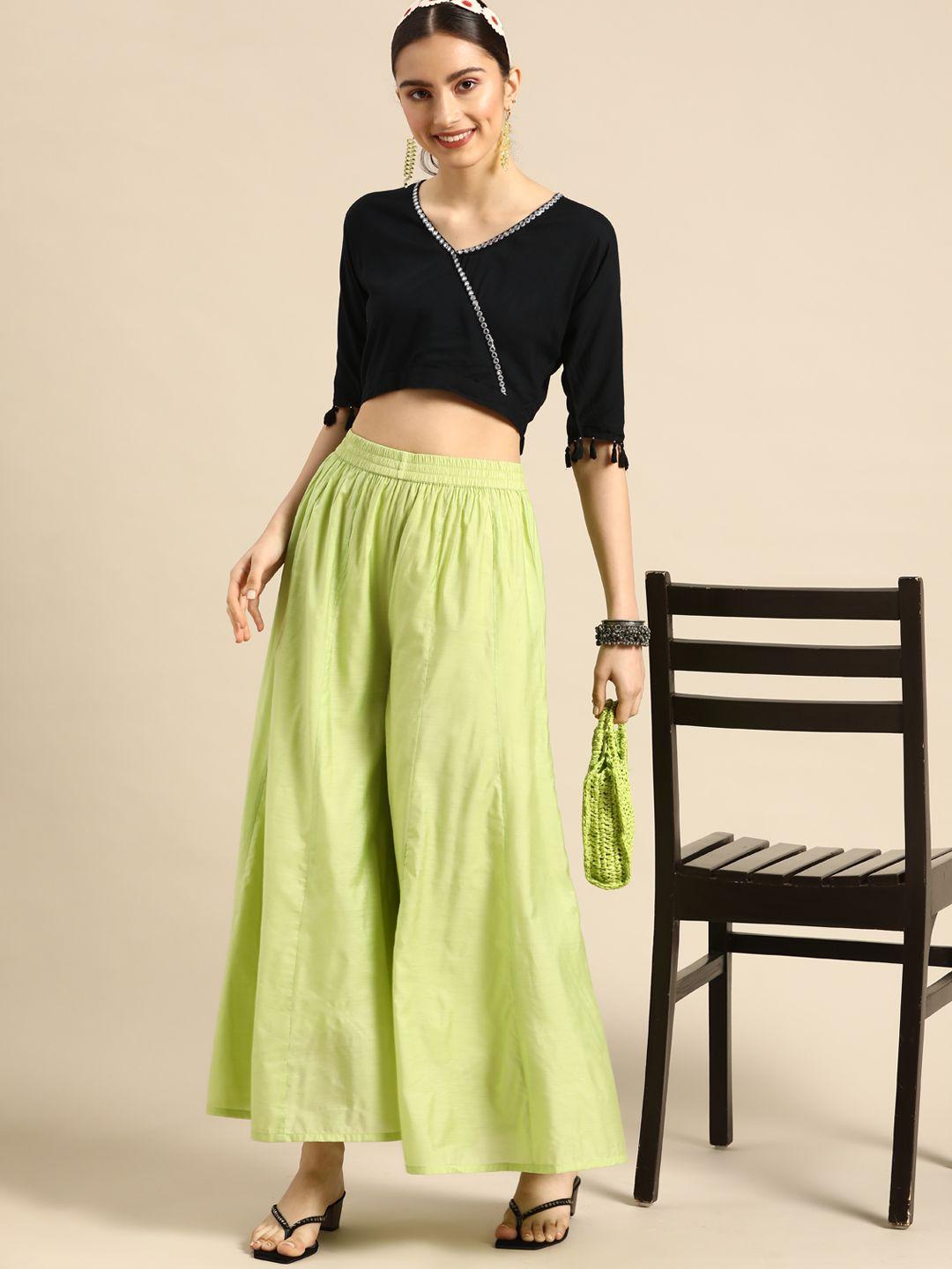 sangria women lime green flared ethnic palazzos