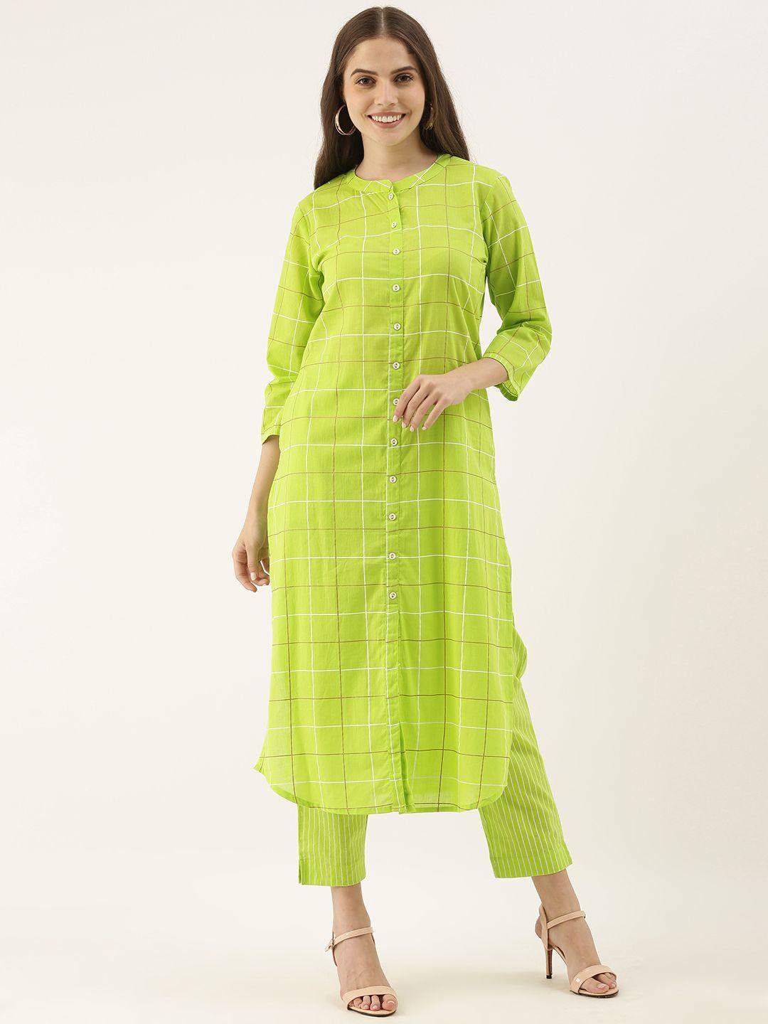 sangria women lime green pure cotton kurta with trousers