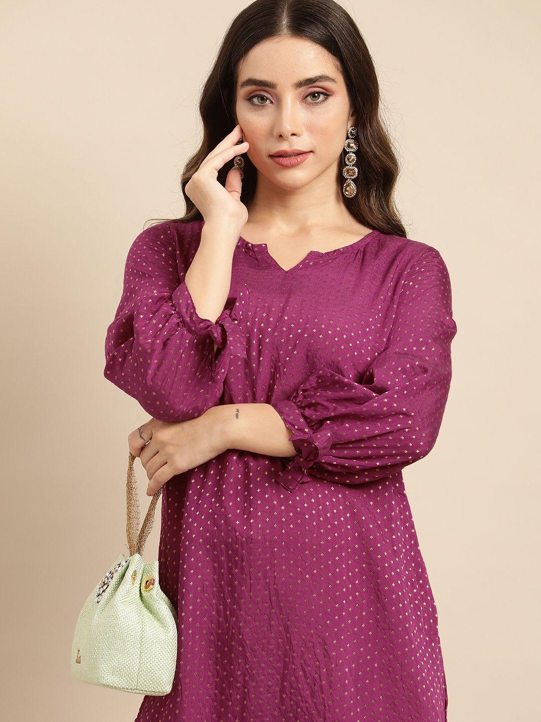 sangria women magenta & golden woven design jacquard chanderi silk kurta