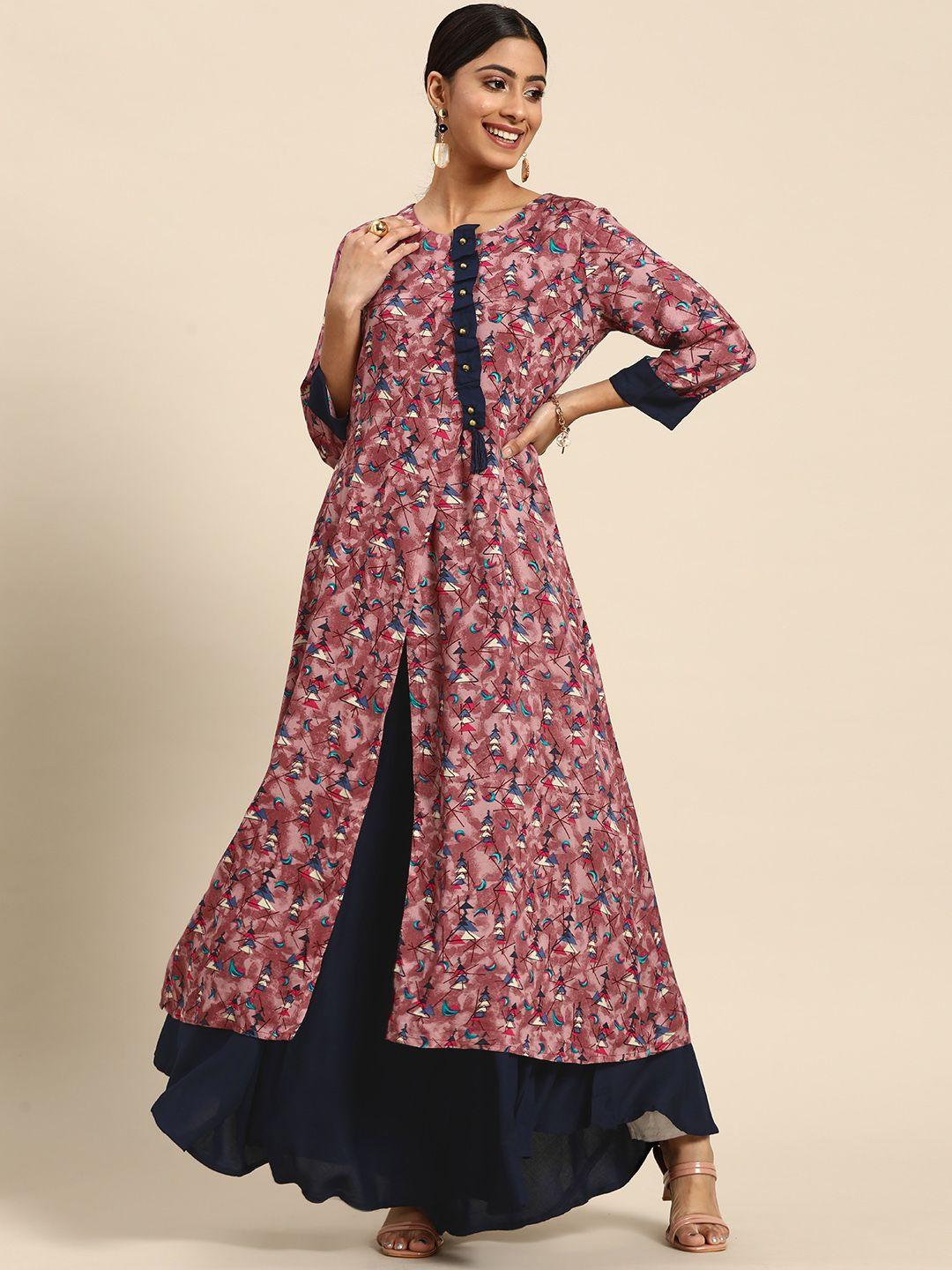 sangria women magenta & navy blue geometric printed layered anarkali kurta