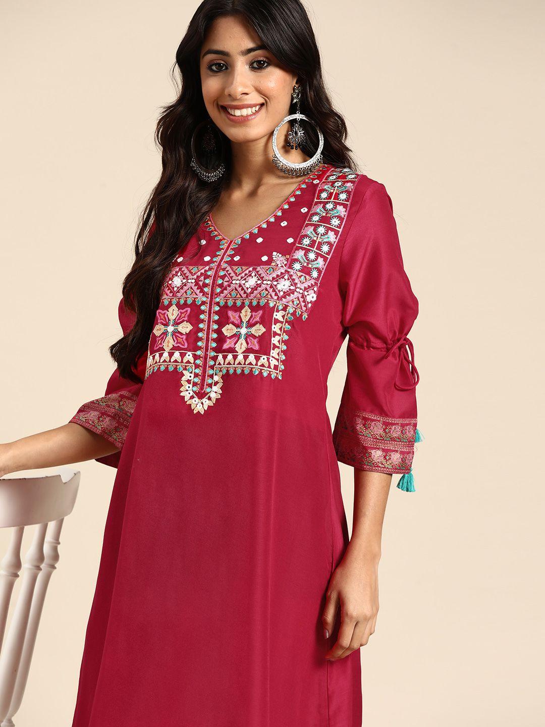 sangria women magenta ethnic yoke design pleated thread work kurta with trousers