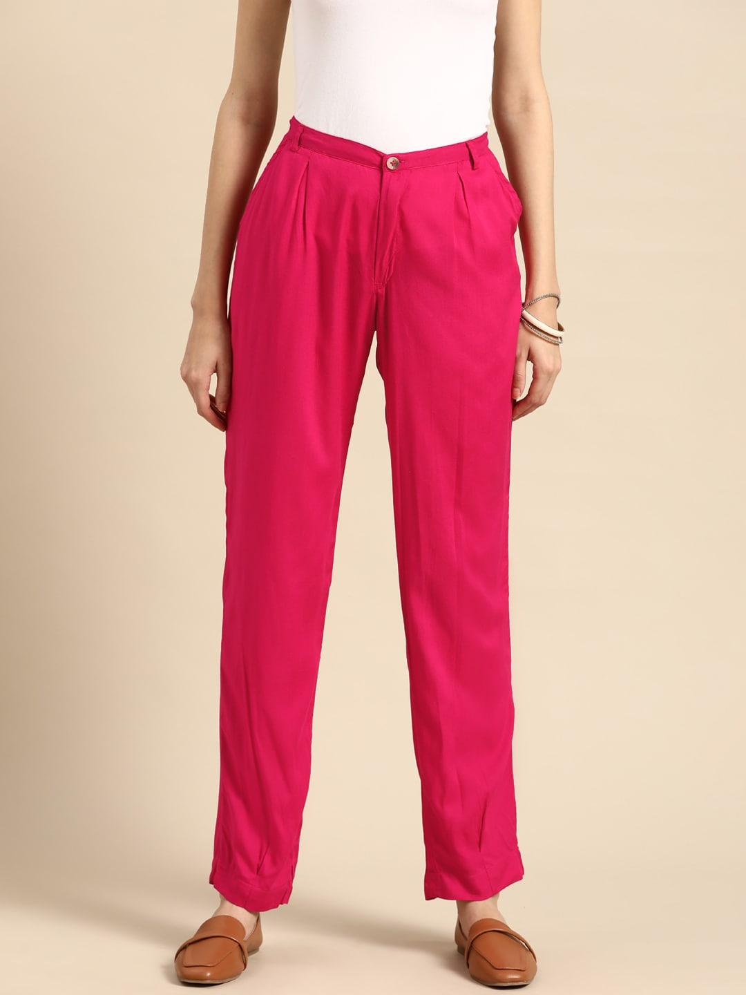 sangria women magenta relaxed straight leg loose fit low-rise pleated trousers