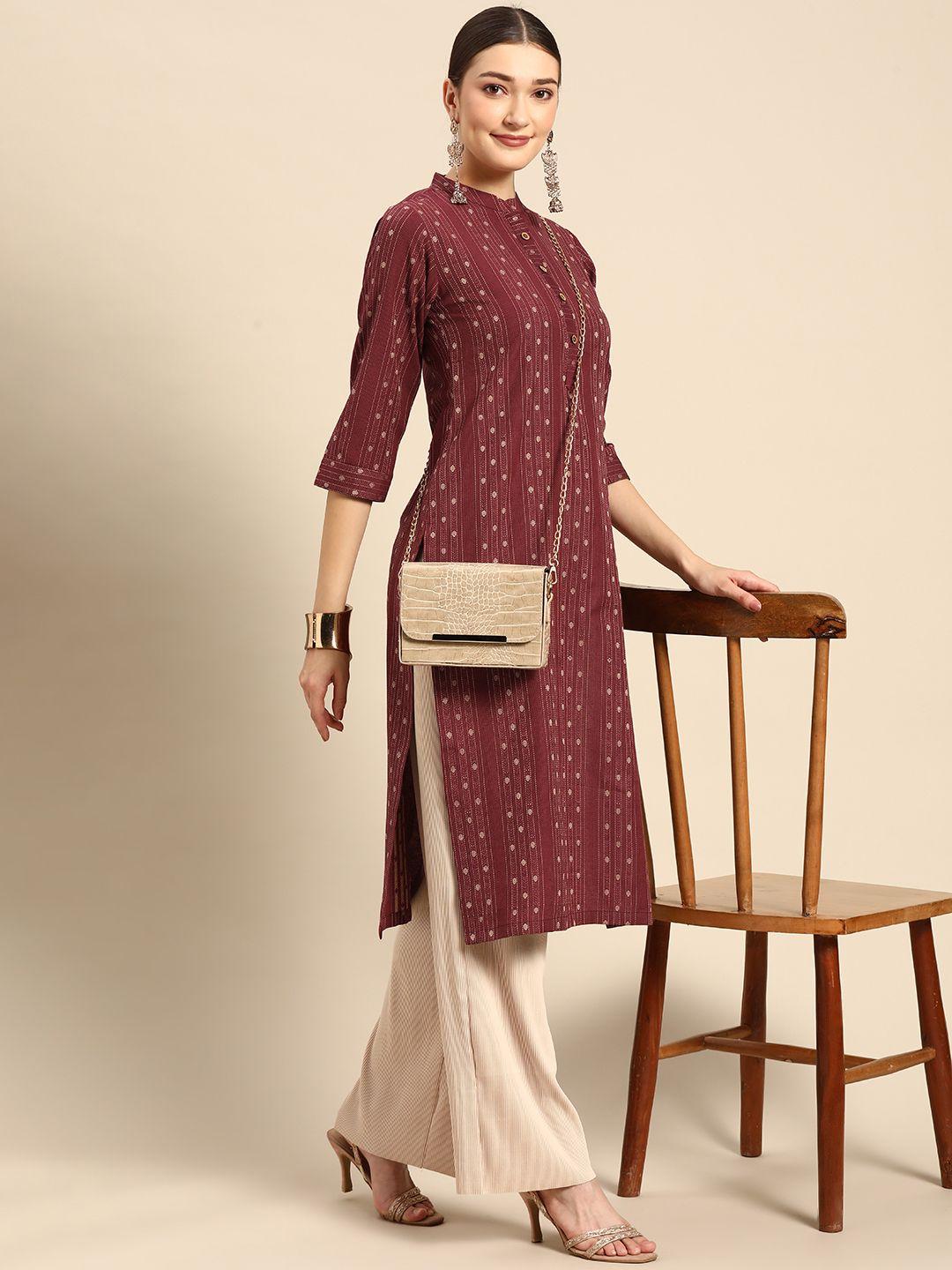 sangria women maroon & beige striped kurta