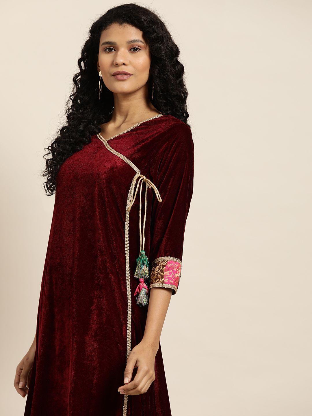 sangria women maroon & beige velvet finish solid kurta with trousers