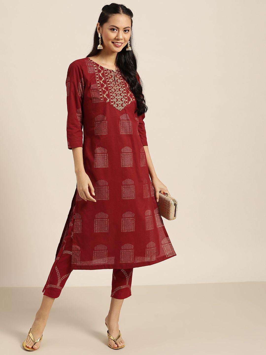 sangria women maroon & golden ethnic motifs printed pure cotton kurta with trousers