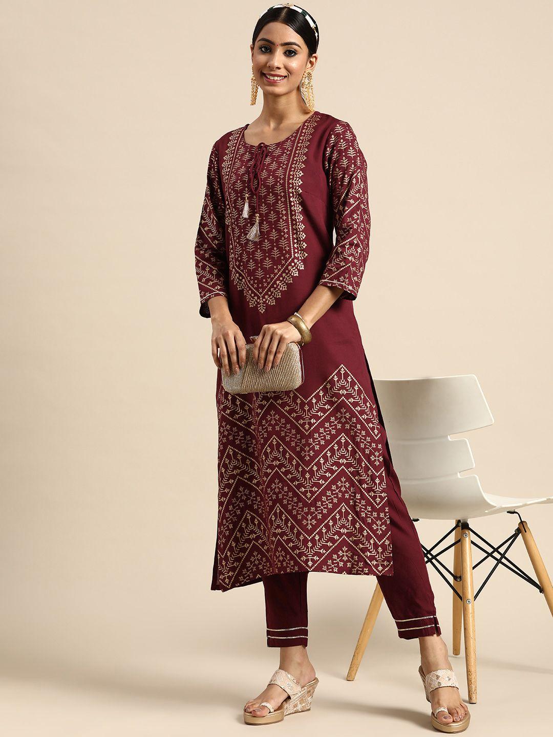 sangria women maroon & golden ethnic printed gotta patti kurta with trousers