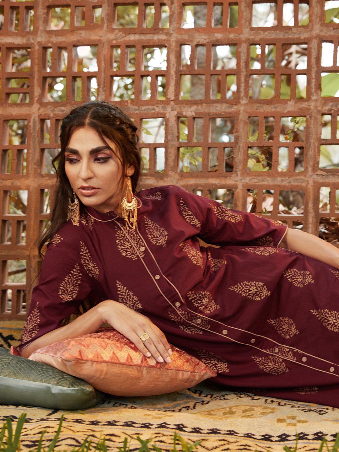 sangria women maroon & golden pure cotton printed kurta with palazzos