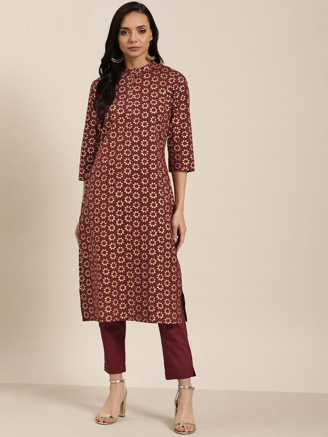 sangria women maroon & golden pure cotton printed straight kurta & trousers
