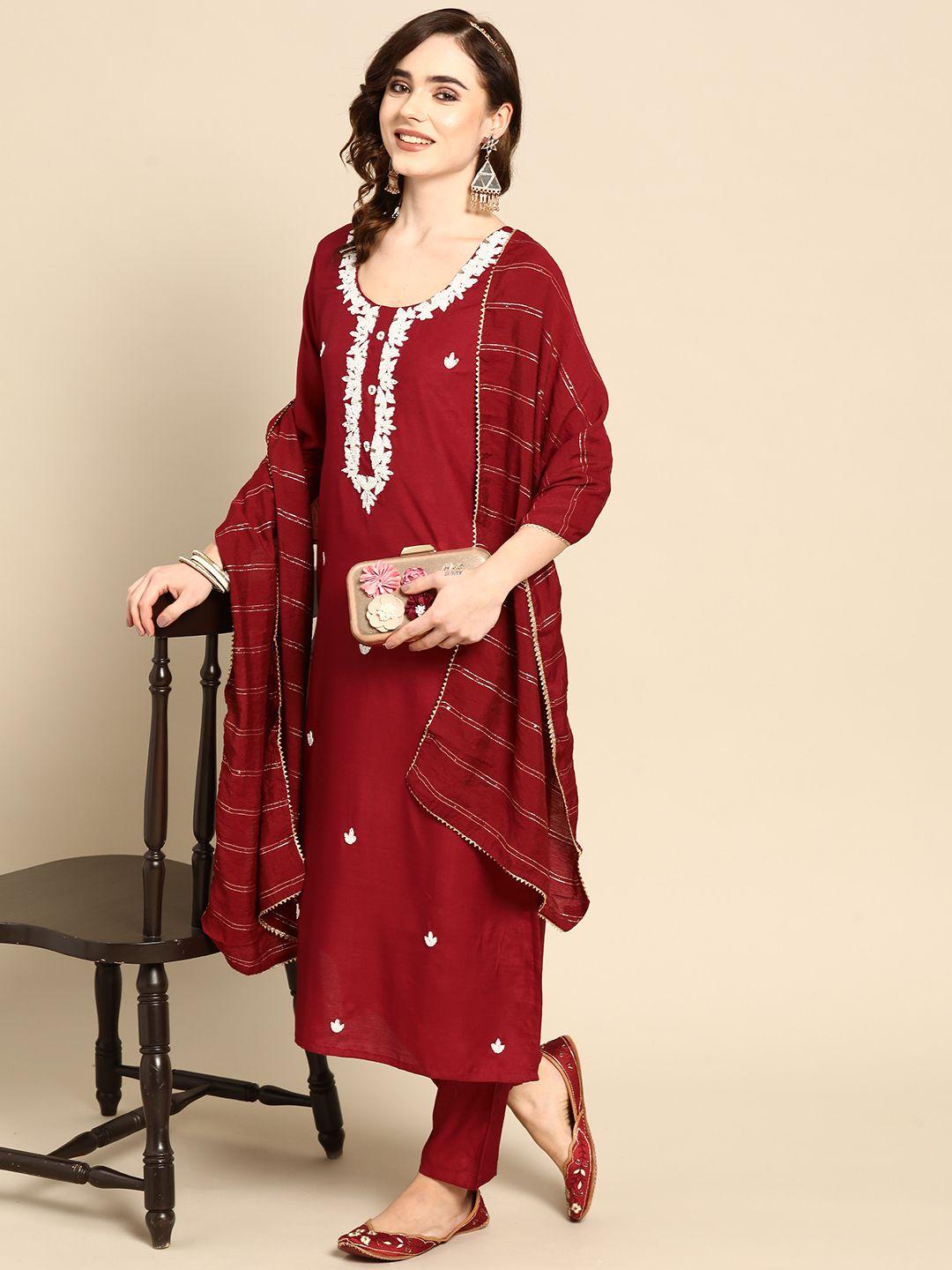 sangria women maroon & white ethnic embellished beaded kurta with trousers & dupatta