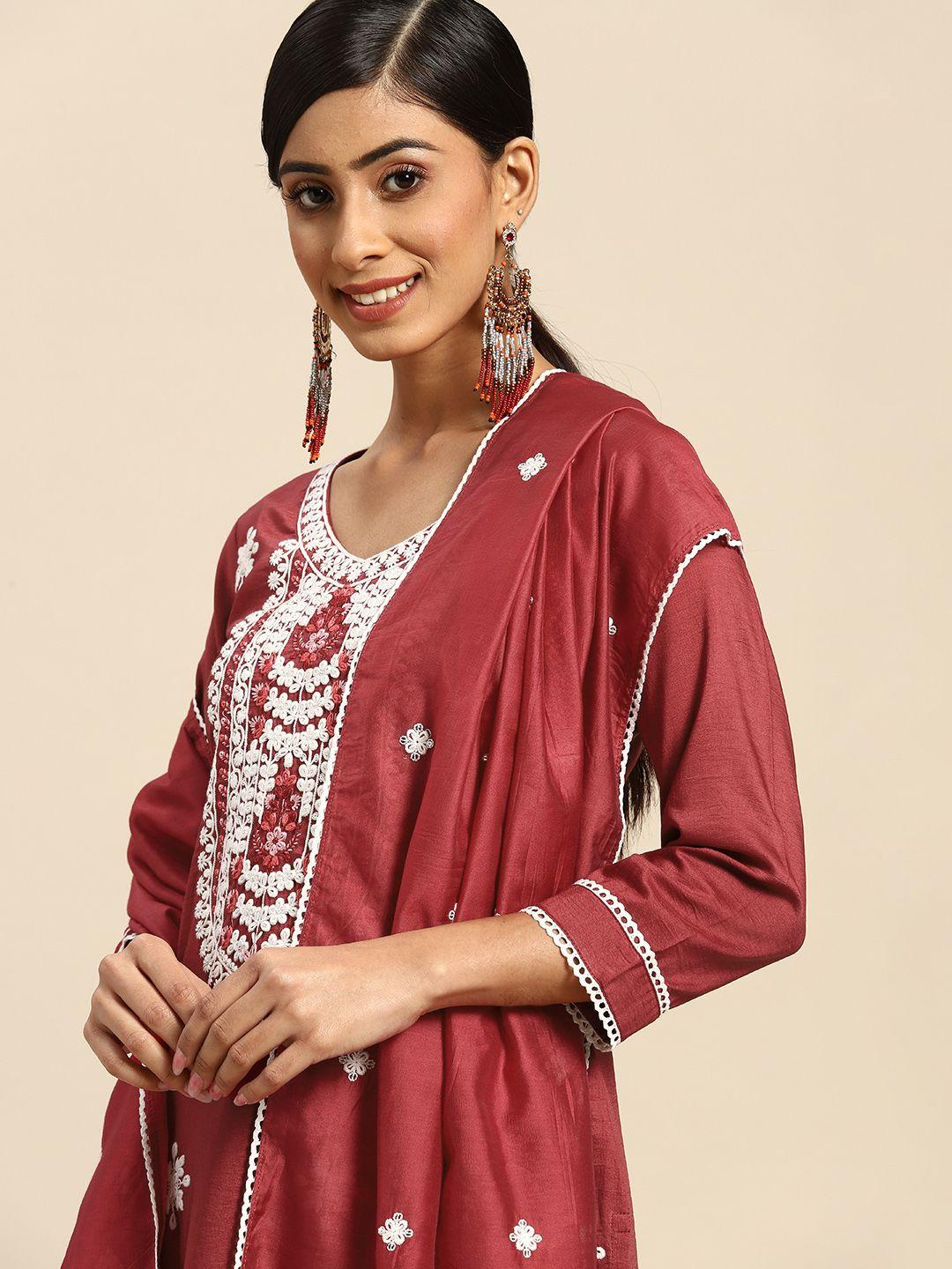 sangria women maroon & white ethnic motifs embroidered kurta with trousers & dupatta