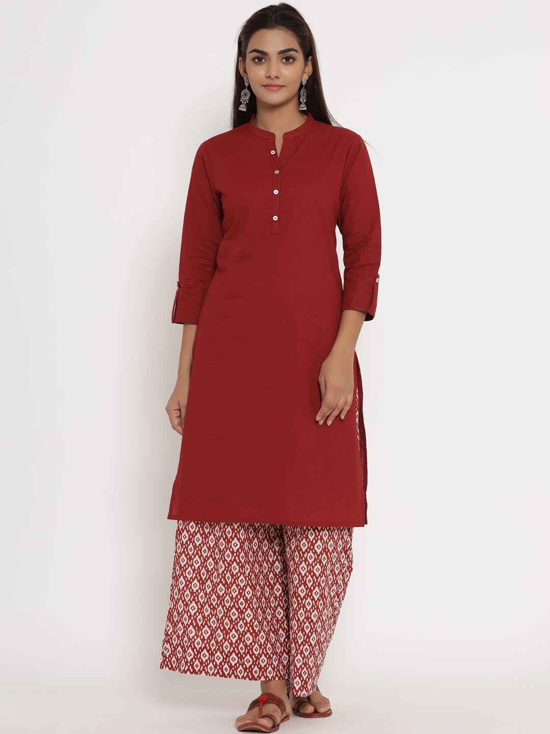 sangria women maroon & white pure cotton solid straight kurta with printed palazzo set