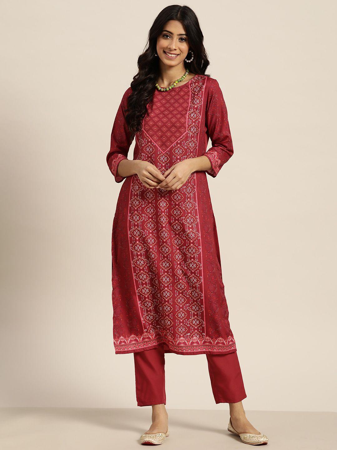 sangria women maroon ethnic motifs printed kurta with trousers