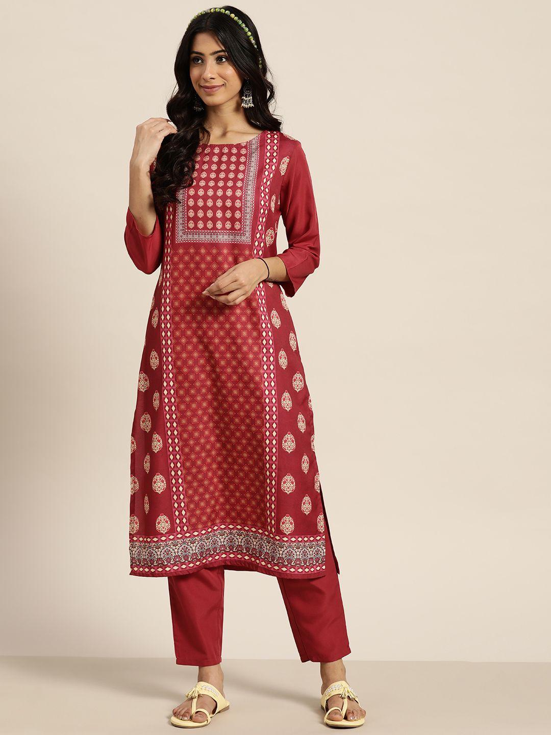 sangria women maroon ethnic motifs printed kurta with trousers