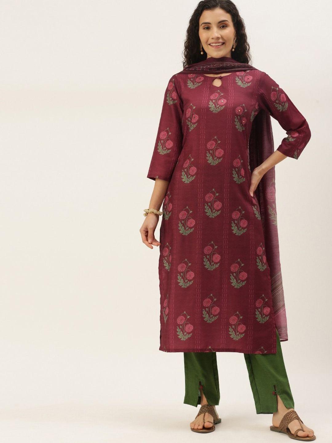 sangria women maroon ethnic motifs printed regular sequinned kurta with palazzos