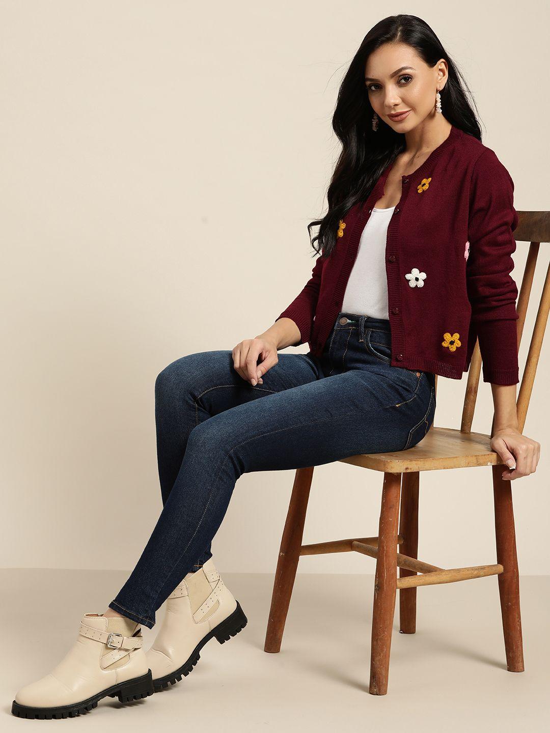 sangria women maroon floral embroidered cardigan