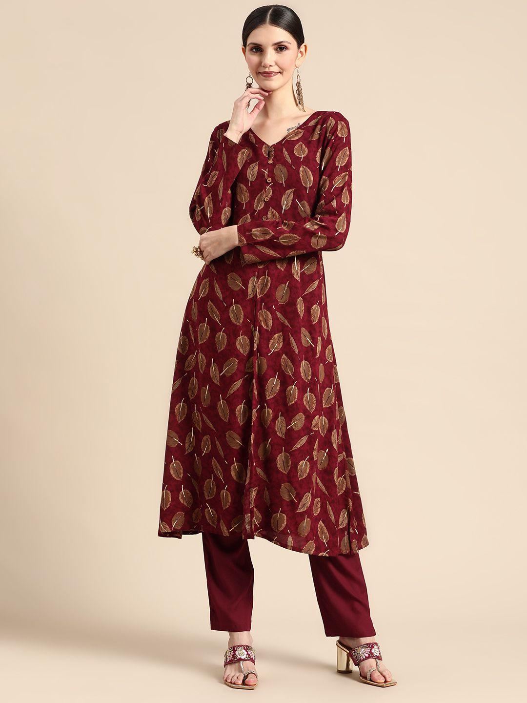 sangria women maroon floral printed high slit kurta with trousers