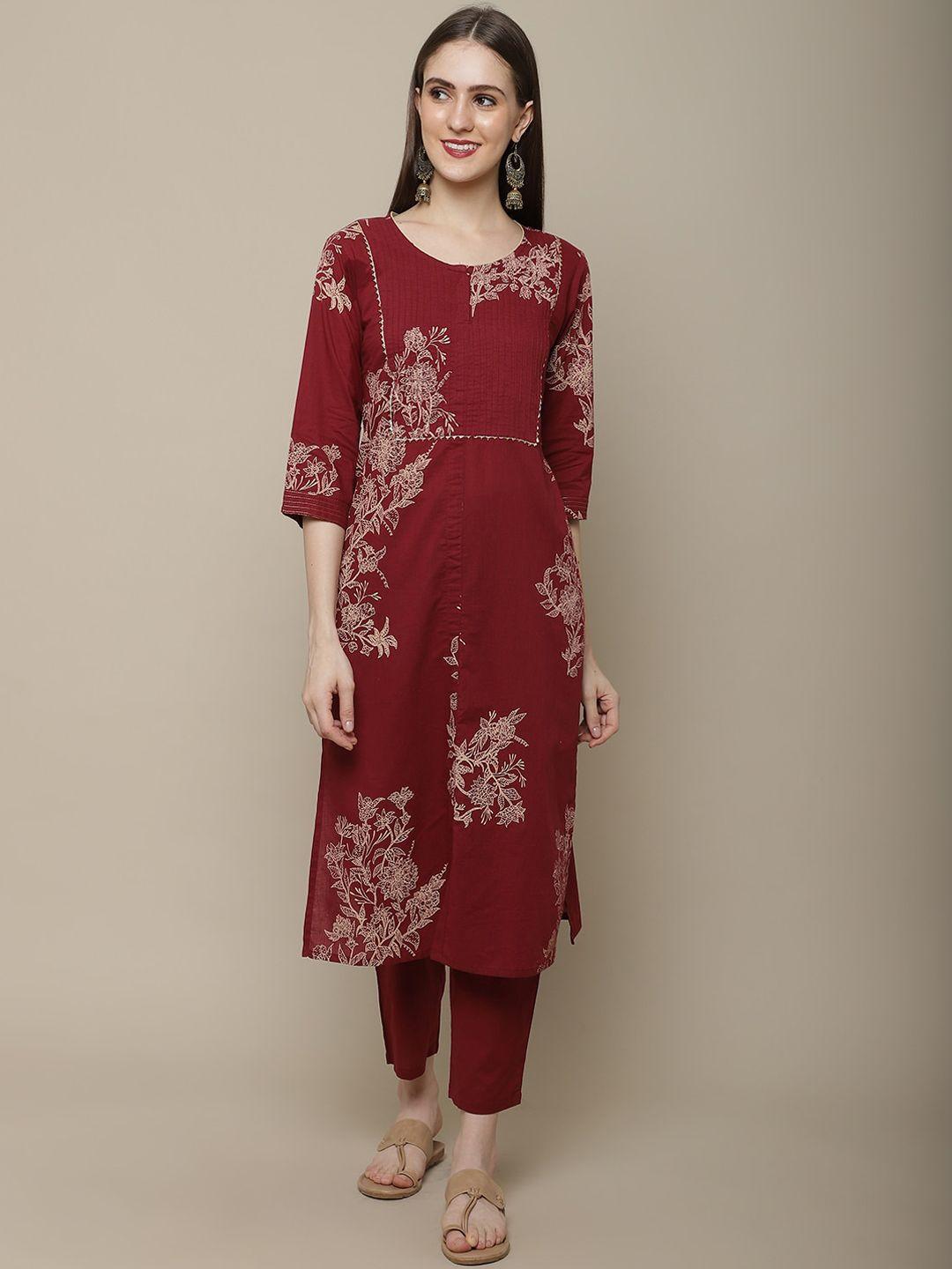 sangria women maroon floral printed pure cotton straight kurta with trousers