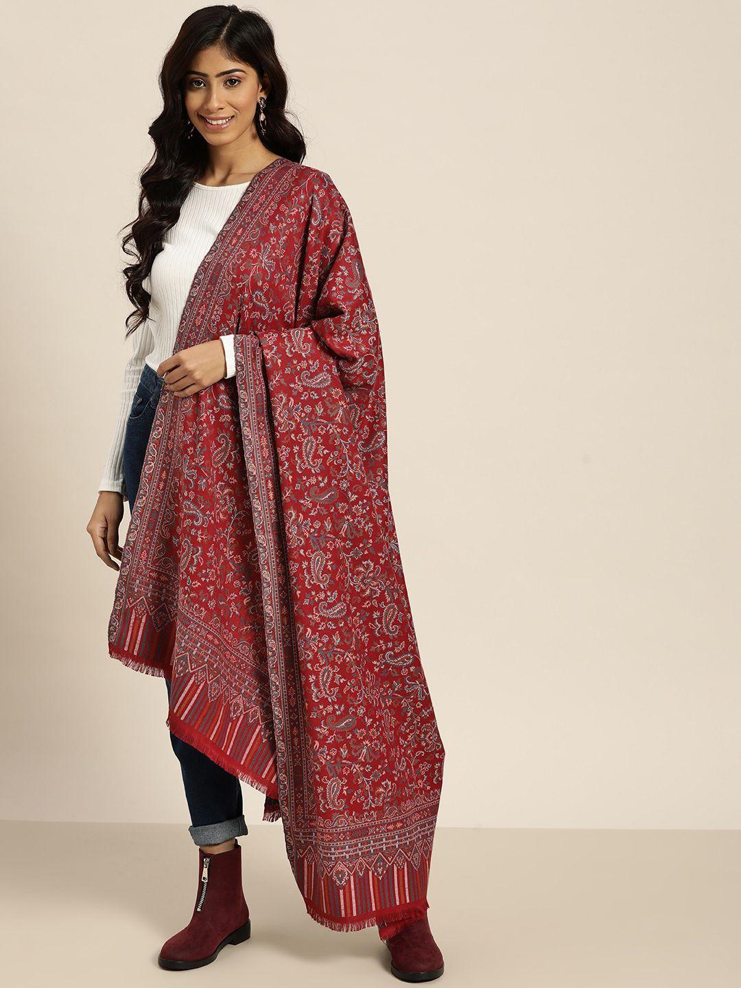 sangria women maroon kaani woollen woven shawl