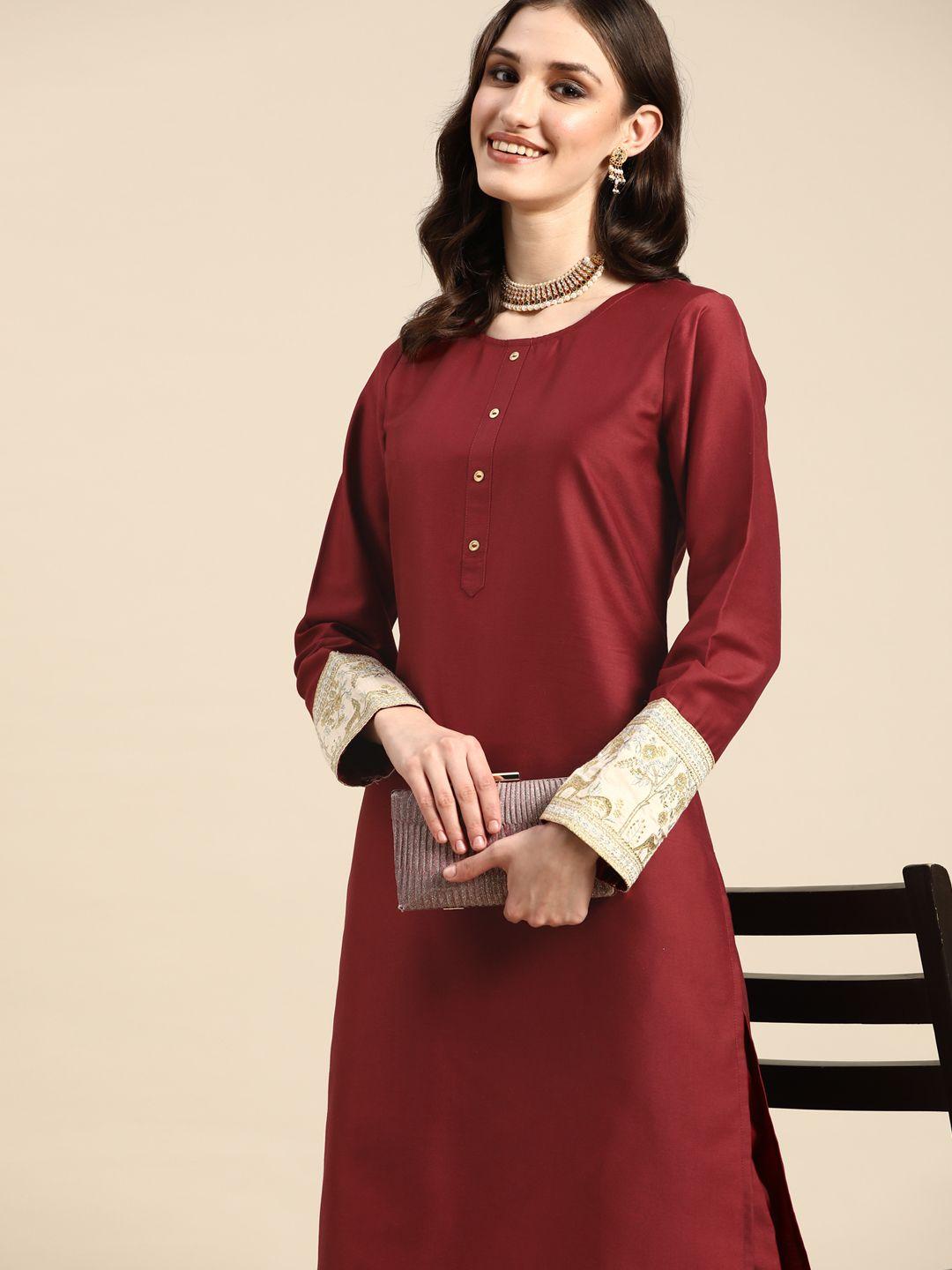 sangria women maroon solid kurta with trousers