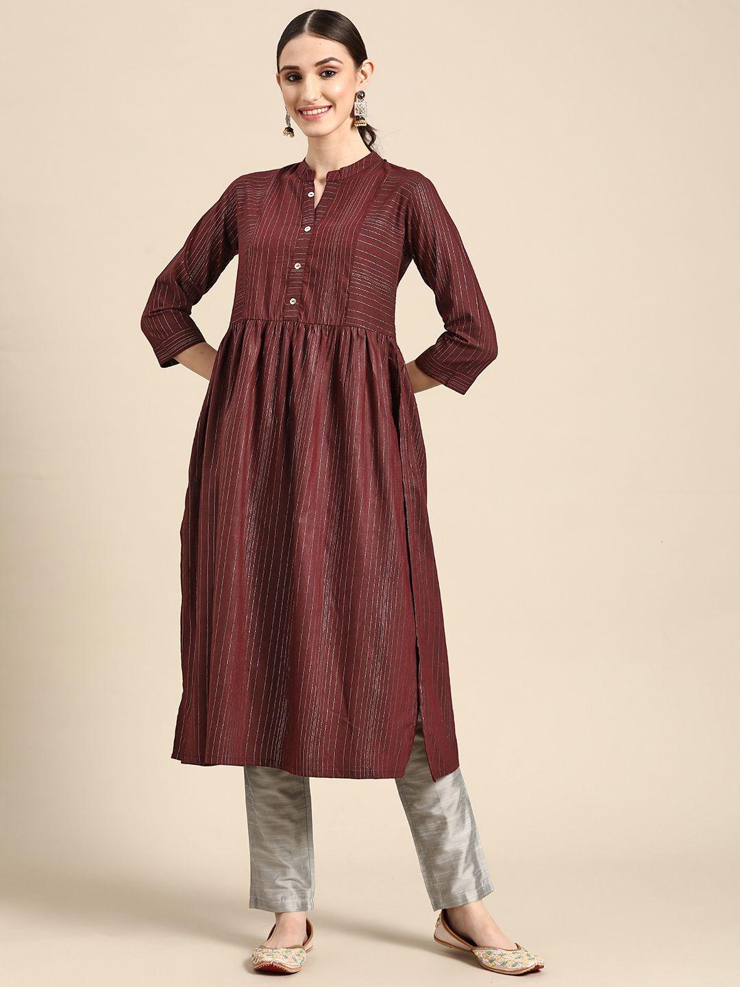 sangria women maroon striped a-line kurta