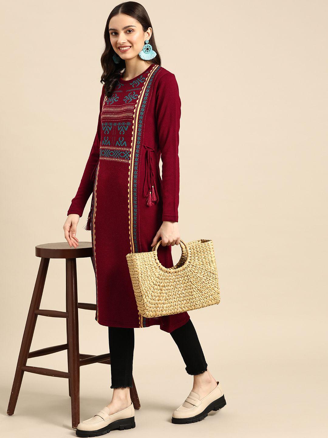 sangria women maroon woven design acrylic straight winter kurta with side tie-ups