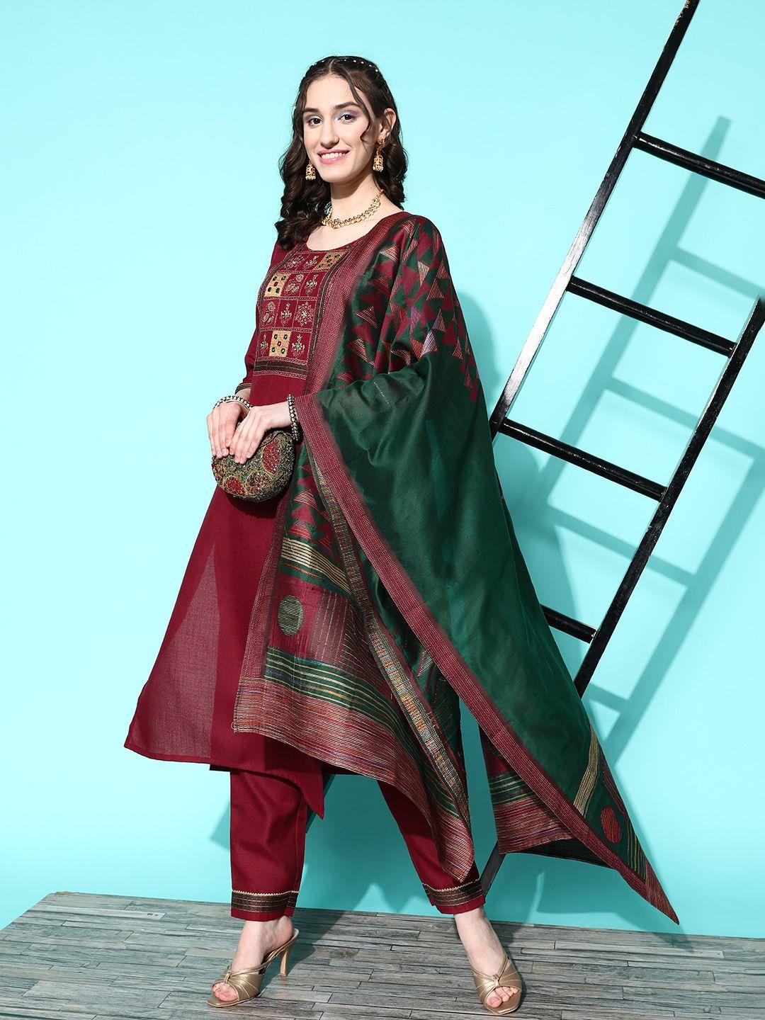 sangria women mirror work kurta with trousers & with dupatta