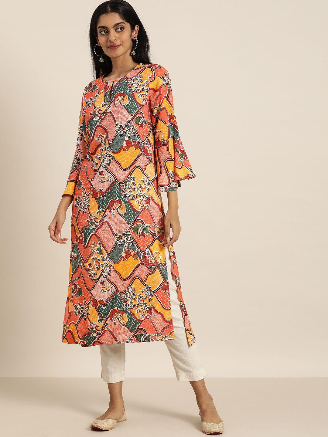 sangria women multicoloured ethnic motifs printed keyhole neck bell sleeves kurta