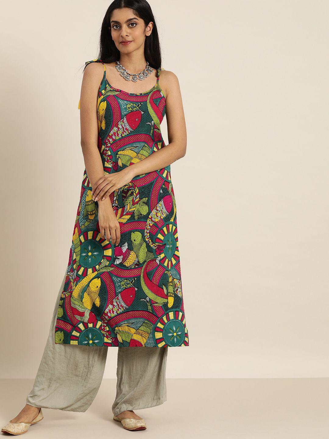 sangria women multicoloured ethnic motifs printed shoulder strap kurta