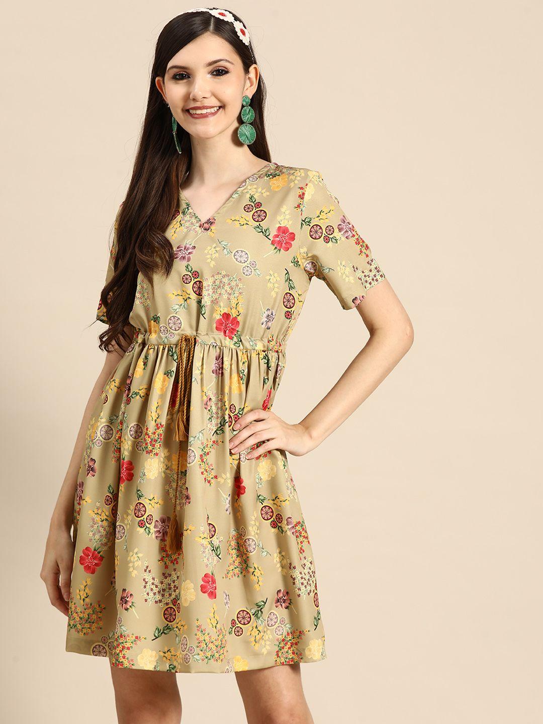 sangria women mustard brown & pink floral a-line dress