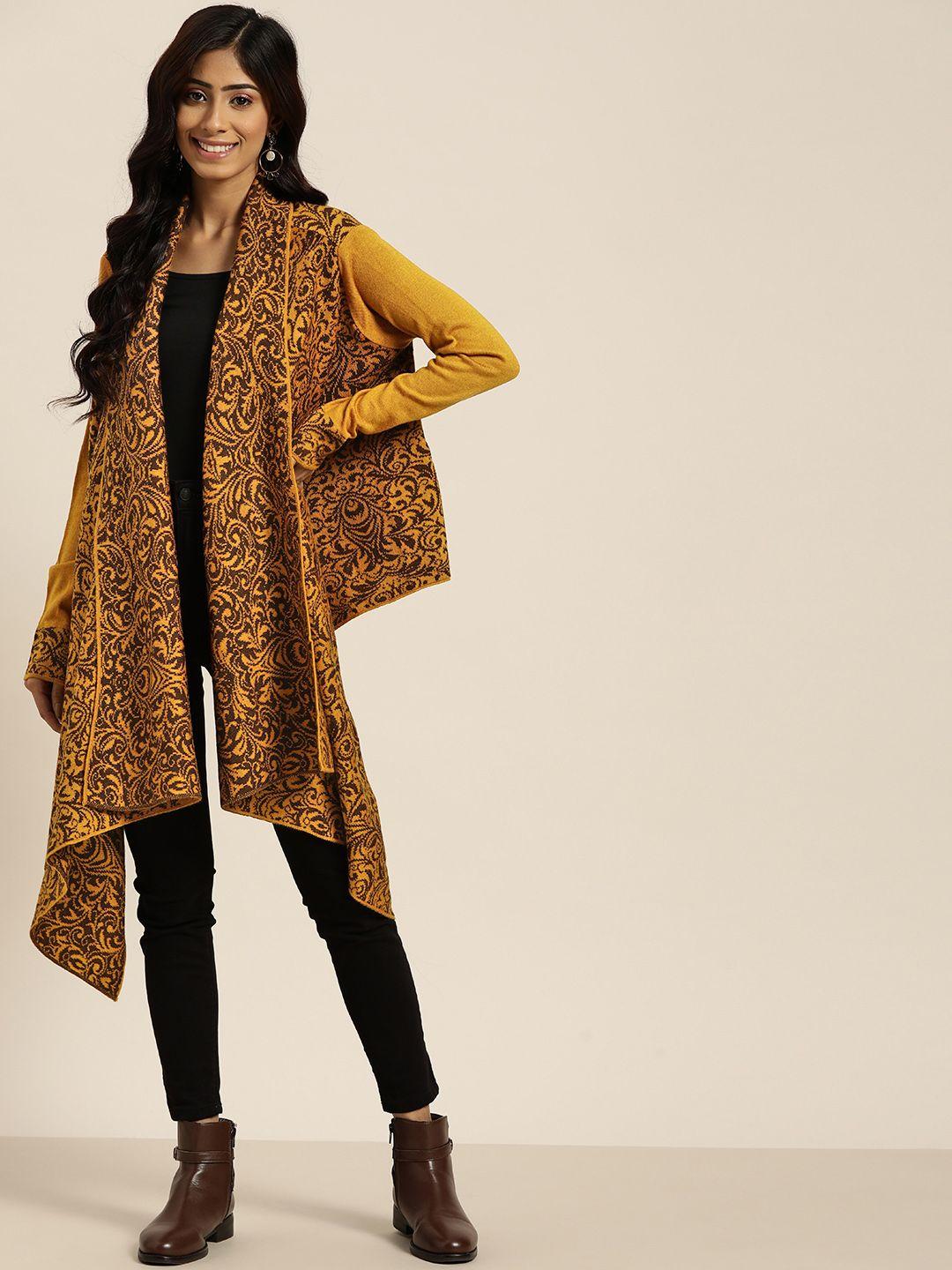 sangria women mustard brown ethnic motifs longline shrug