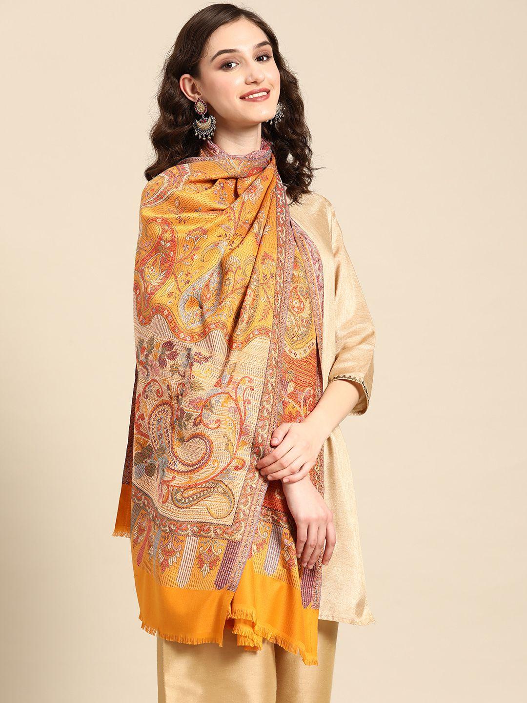 sangria women mustard floral printed stole