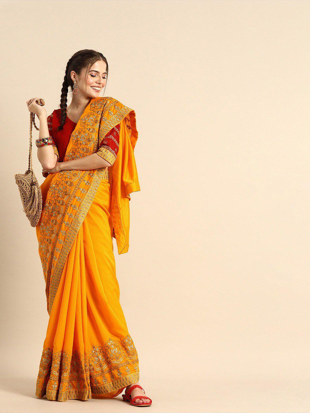 sangria women mustard silk blend dyed embroidered border saree