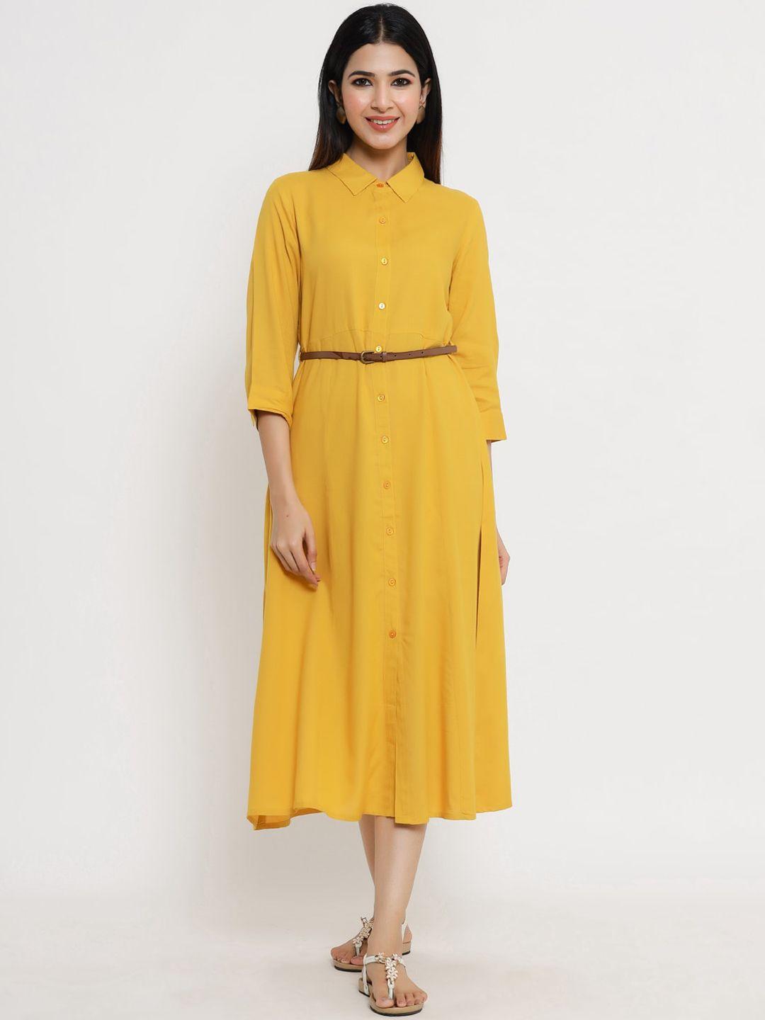 sangria women mustard solid shirt midi dress