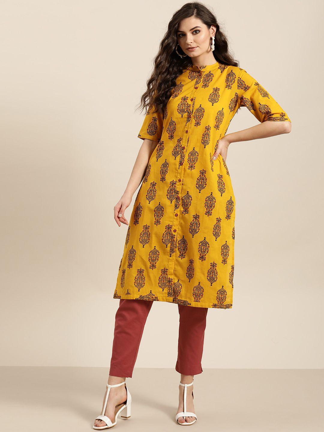 sangria women mustard yellow & black ethnic motif printed kurta with trousers