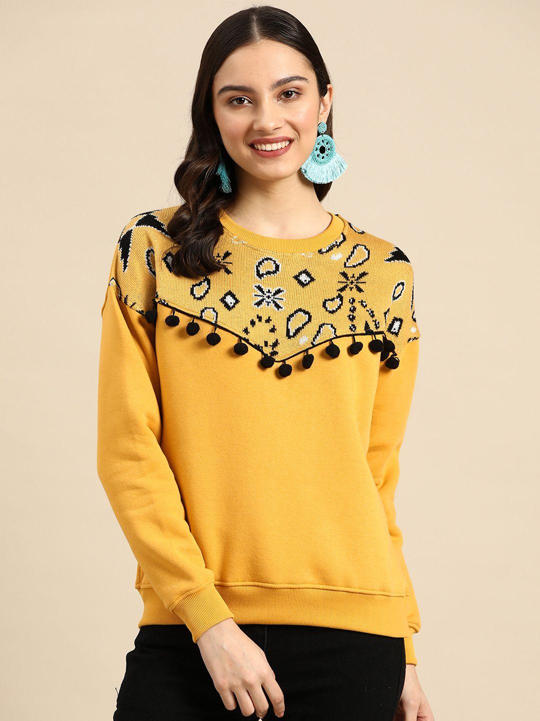 sangria women mustard yellow & black geometric sweatshirt