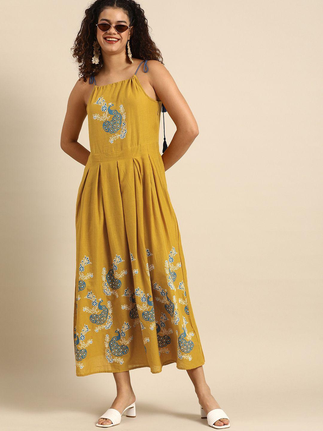 sangria women mustard yellow & blue ethnic motifs printed pure cotton midi dress