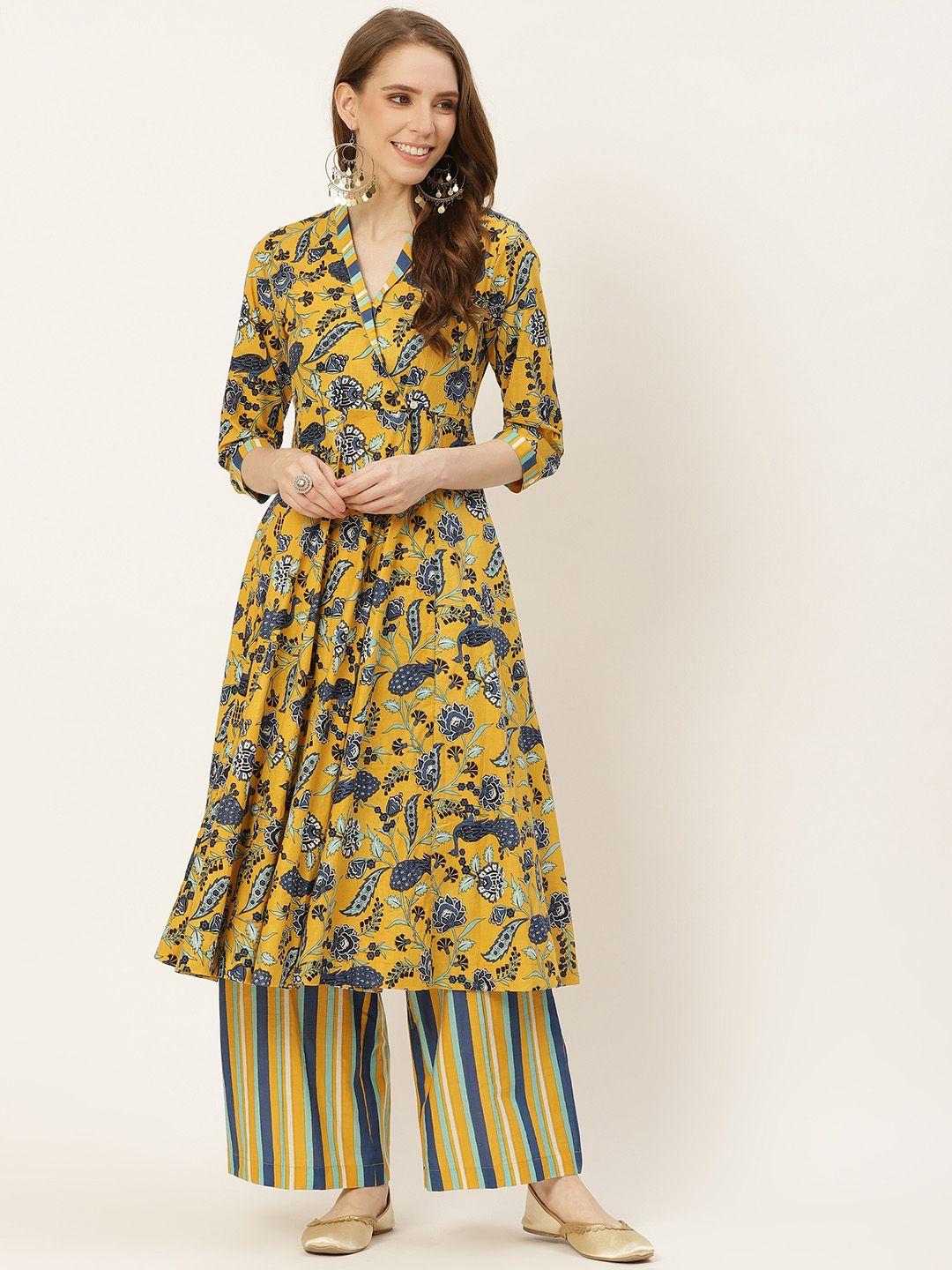 sangria women mustard yellow & blue floral print pure cotton kurta with palazzos