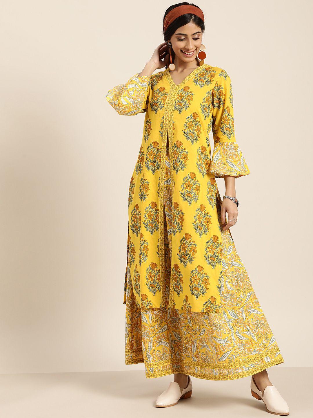 sangria women mustard yellow & grey printed high slit kurta with skirt