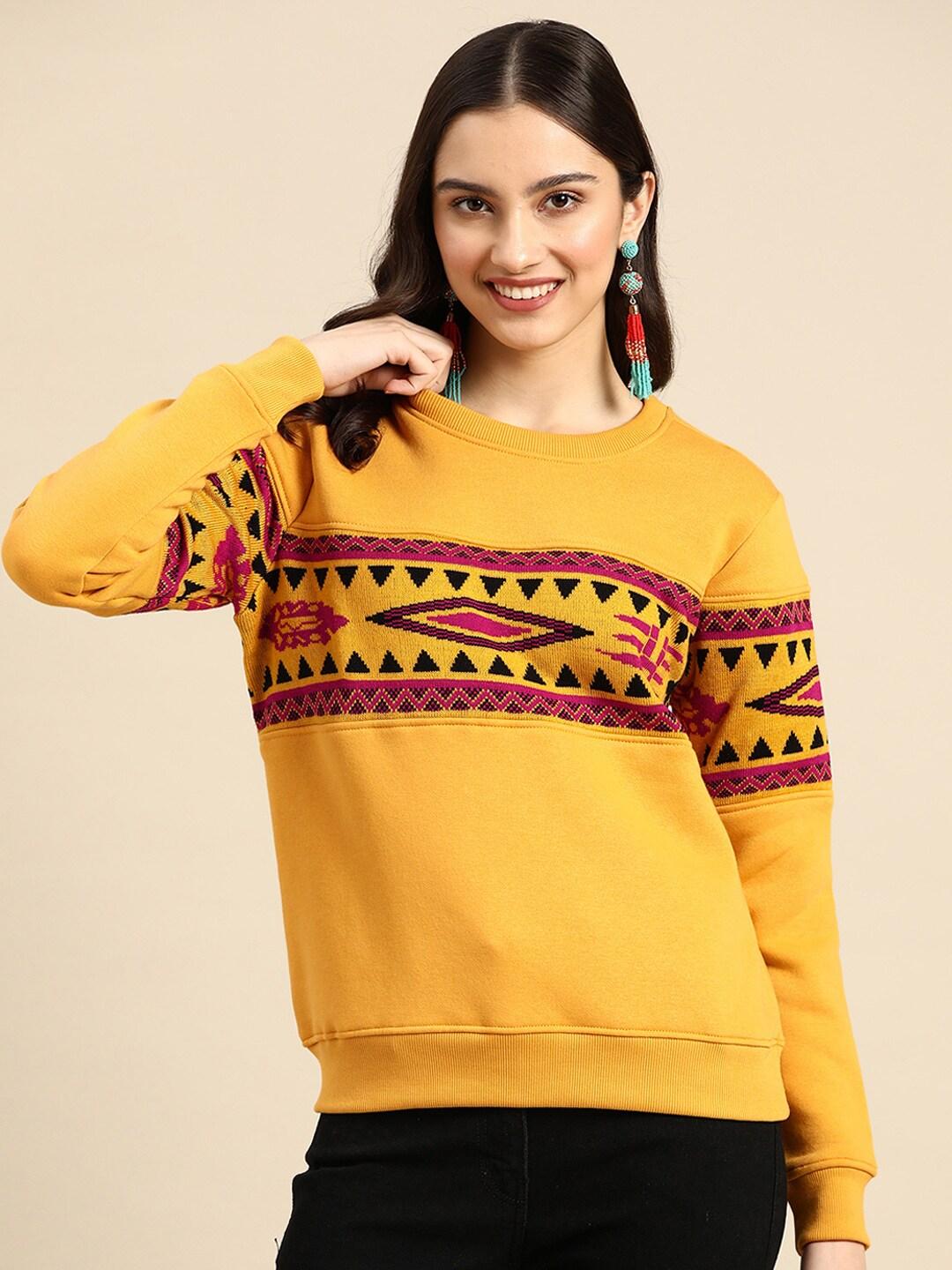 sangria women mustard yellow & magenta geometric sweatshirt