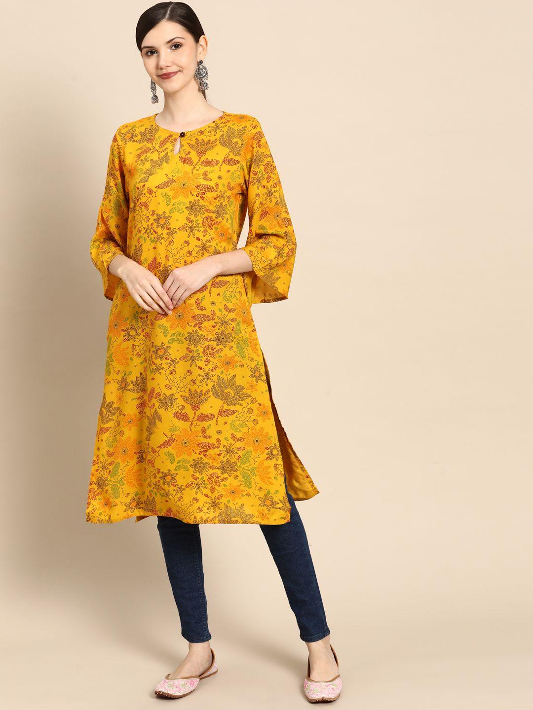 sangria women mustard yellow & maroon ethnic motifs printed keyhole neck flared sleeves kurta