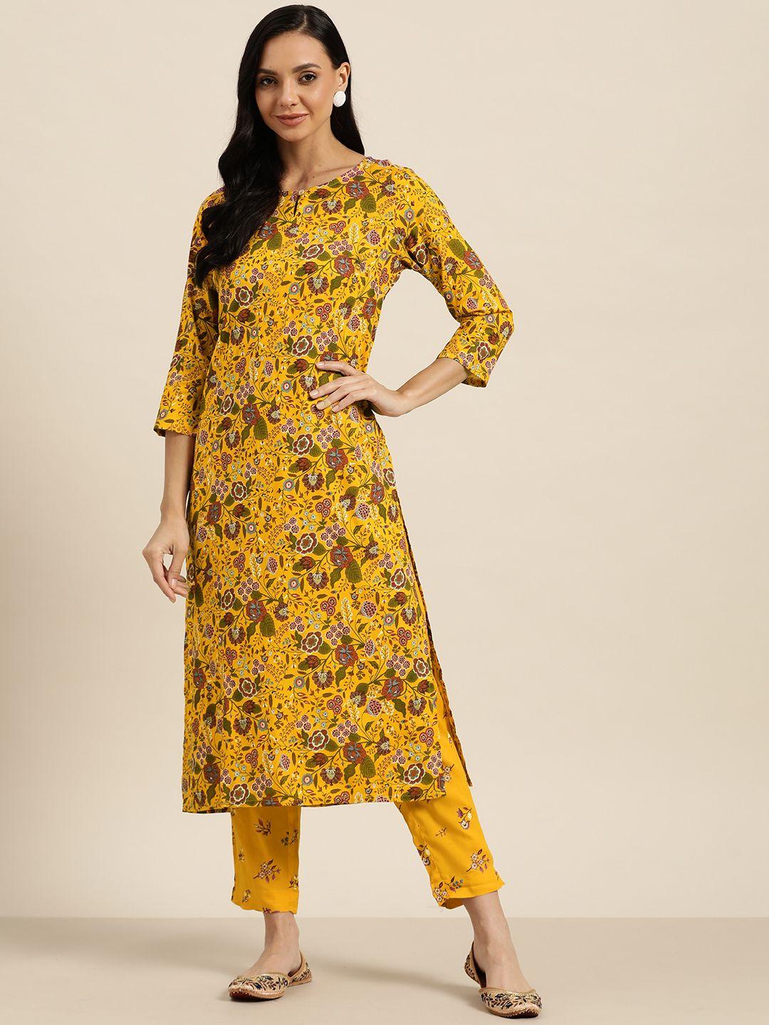 sangria women mustard yellow & maroon motifs print straight kurta with trousers