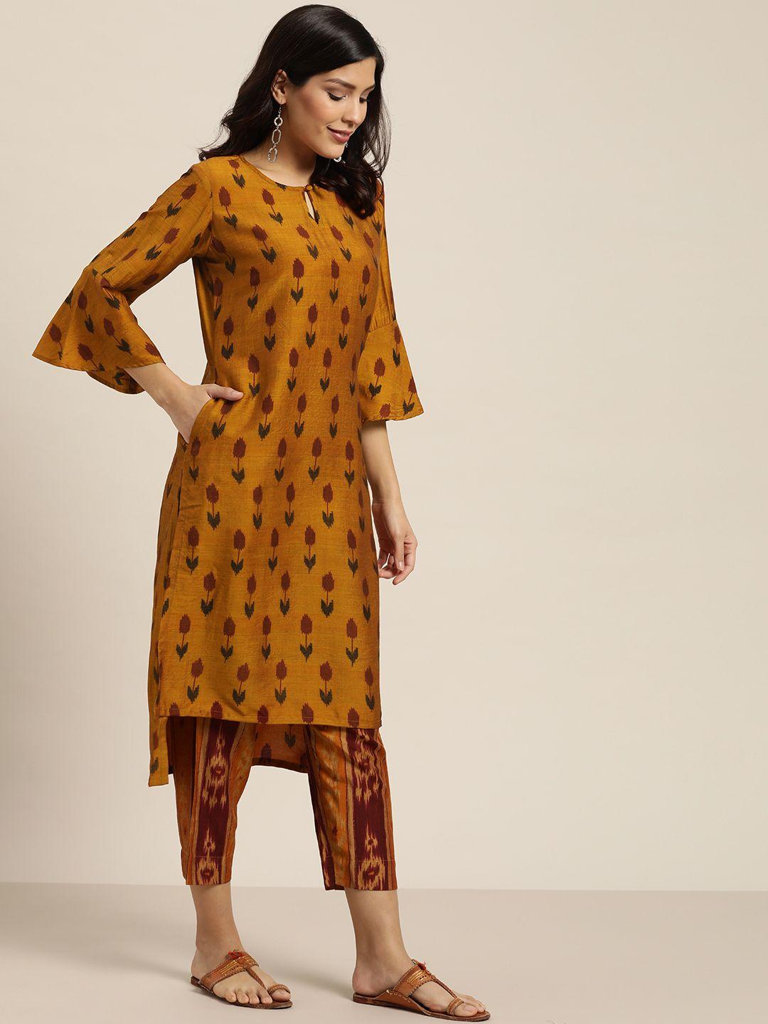 sangria women mustard yellow & maroon printed kurta with trousers