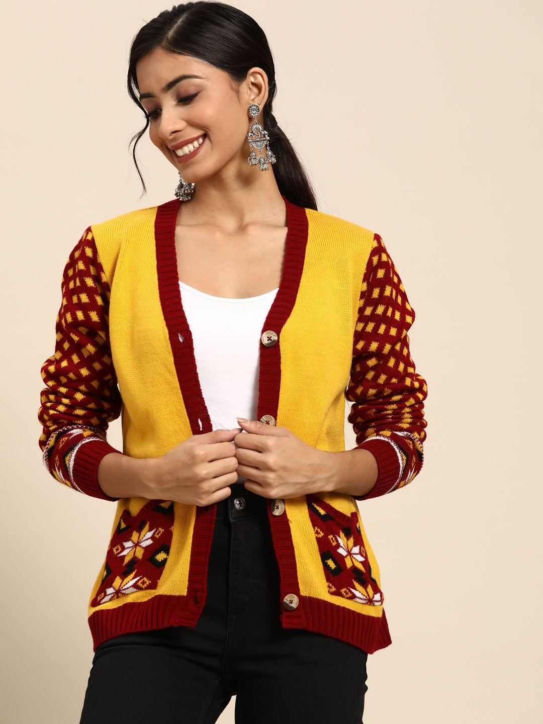 sangria women mustard yellow & maroon solid cardigan