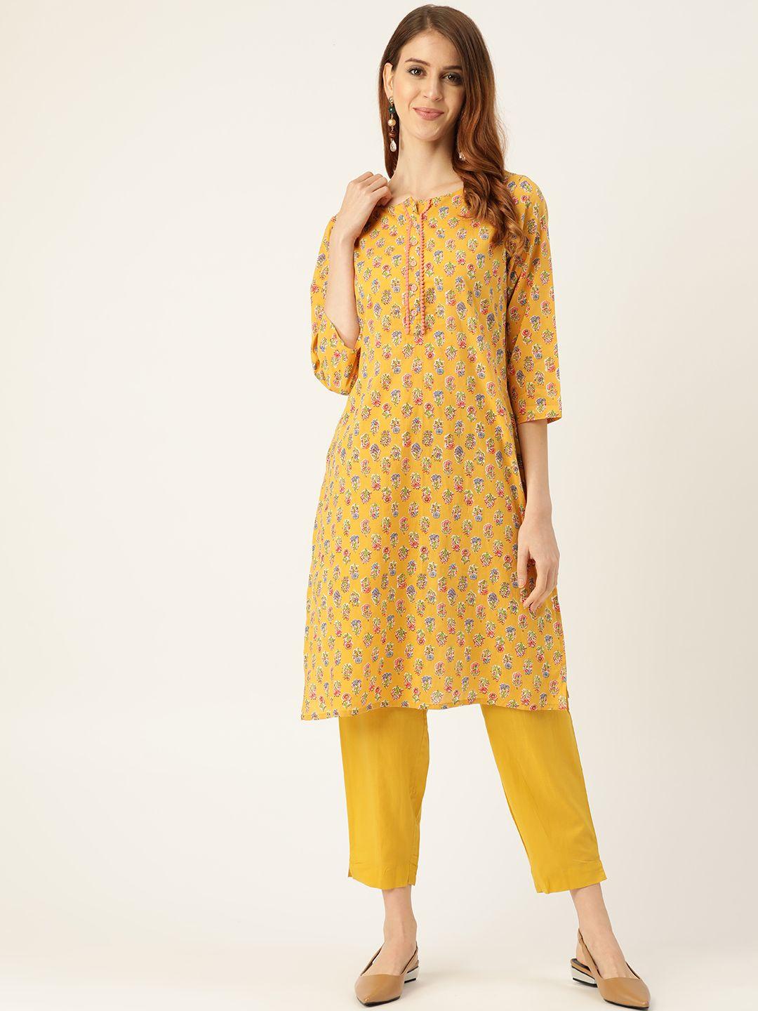 sangria women mustard yellow & pink printed kurta with trousers