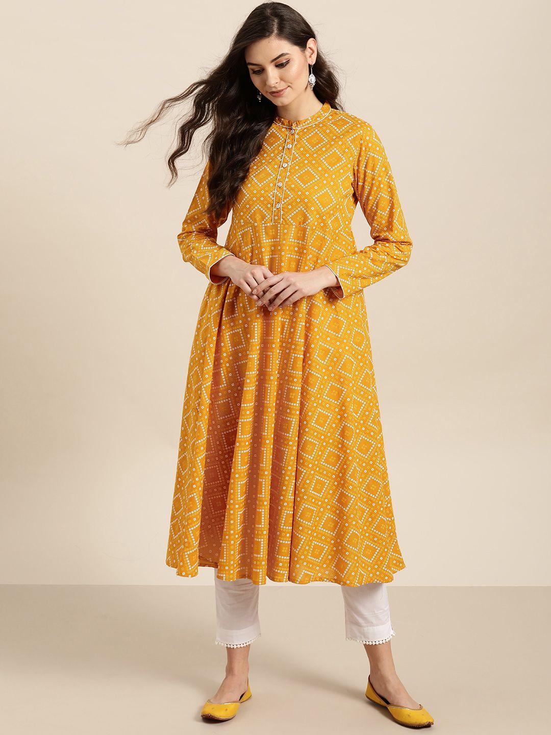 sangria women mustard yellow & red printed a-line kurta