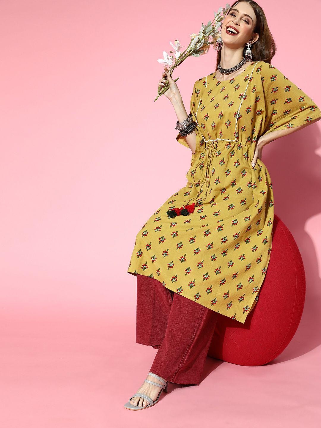 sangria women mustard yellow & red pure cotton ethnic motifs printed kaftan kurta
