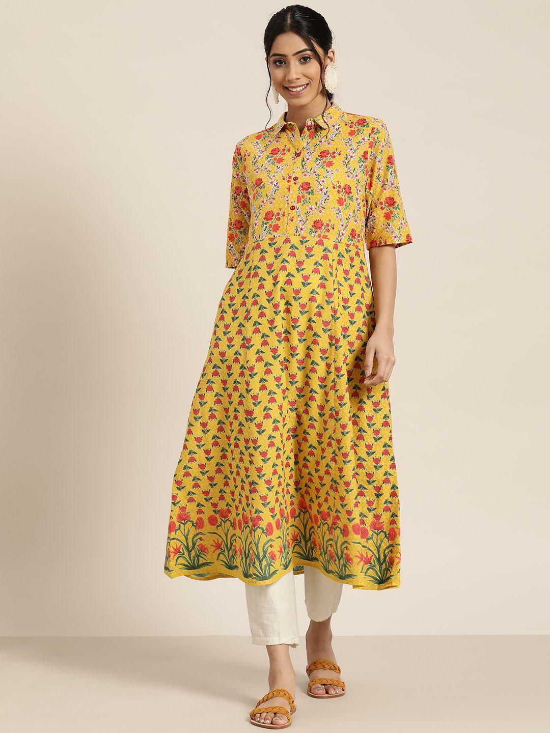 sangria women mustard yellow & red pure cotton floral print panelled a-line kurta