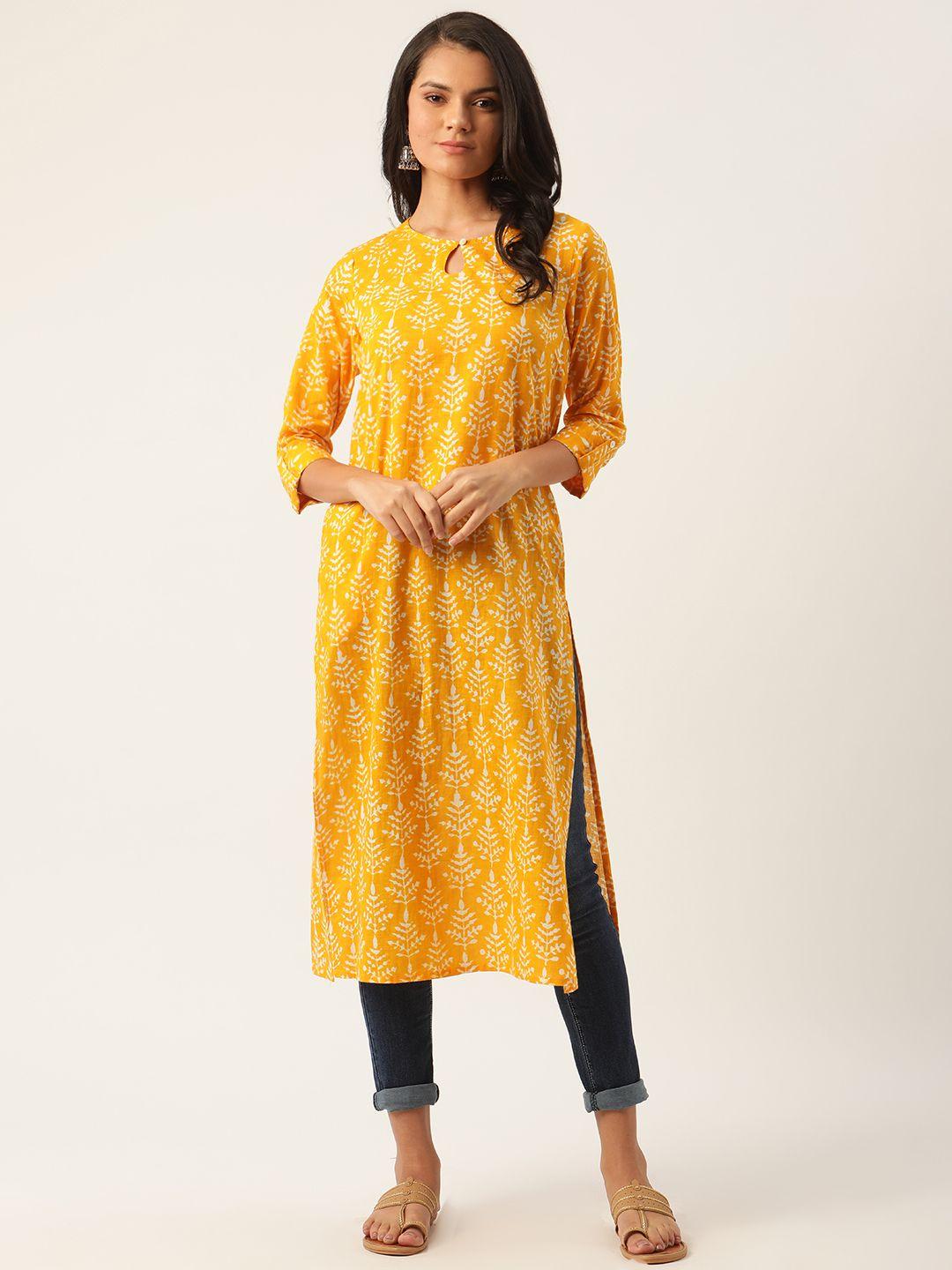 sangria women mustard yellow & white printed pure cotton straight kurta